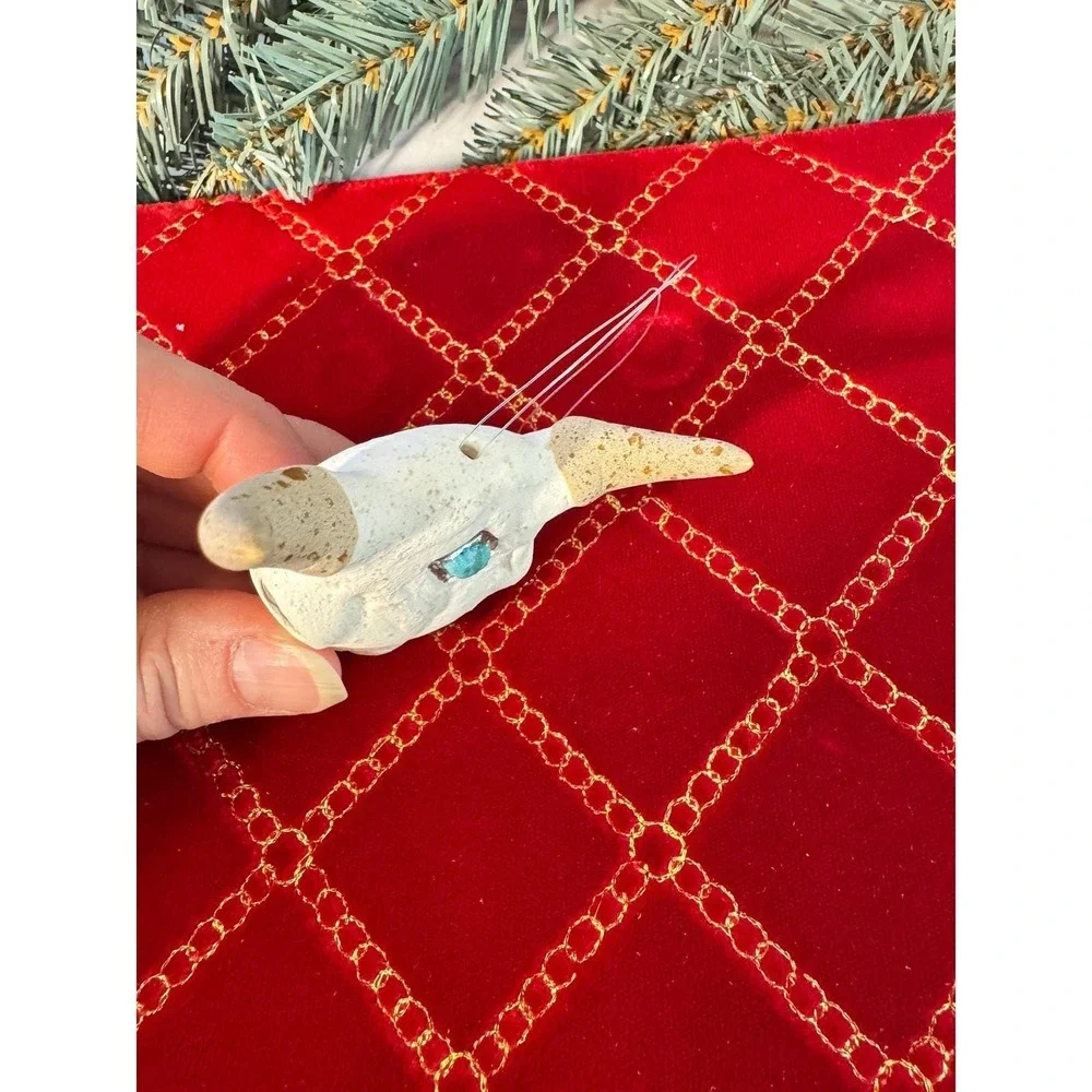 Vintage Santa Fe Steer Skull Ornament White Turquoise Southwestern Rustic